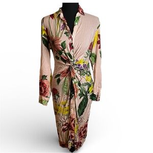 Zara Woman Floral Stripe Shirt Dress Sz S Twist Knot Waist Button Long Sleeve